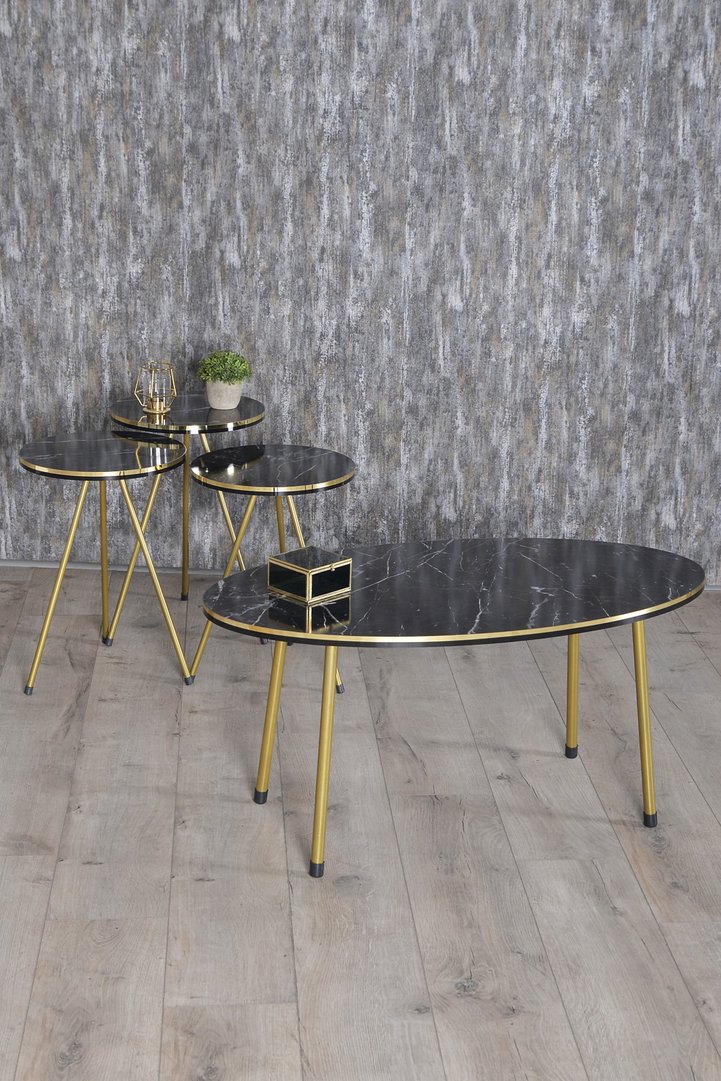 Oval Coffee & Nesting Table Set Gold Metal Legs - Black Marble Effect