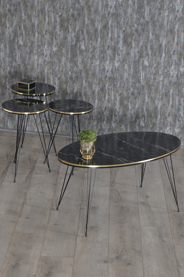 Black Wire Leg Oval 4-Piece Table Set - Black Marble Effect