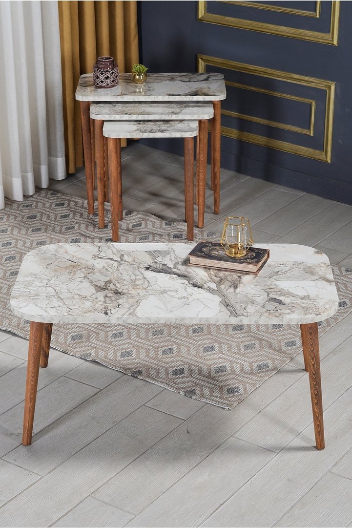 Rectangular Coffee & Nesting Table Set Turned Wooden Legs - White