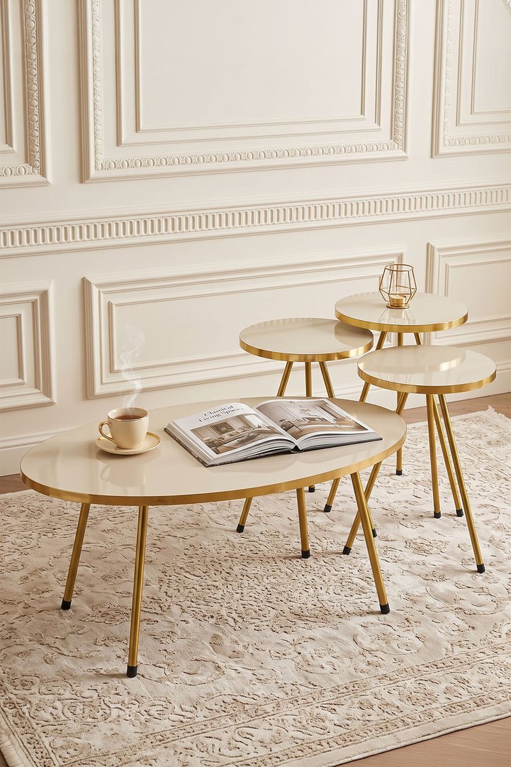 Oval Coffee & Nesting Table Set Gold Metal Legs - Cream