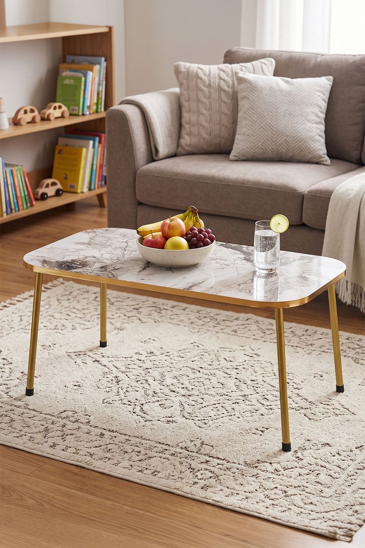 Rectangular Coffee Table Gold Metal Legs - White Marble Effect