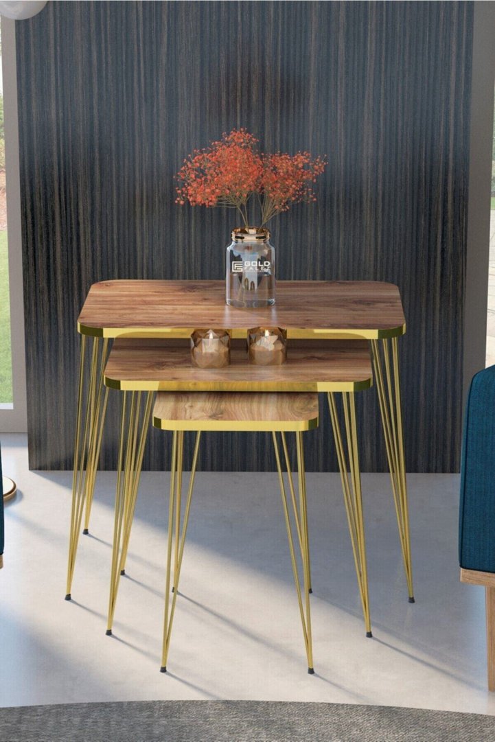 Rectangular Nesting Table Set Gold Wire Legs - Walnut