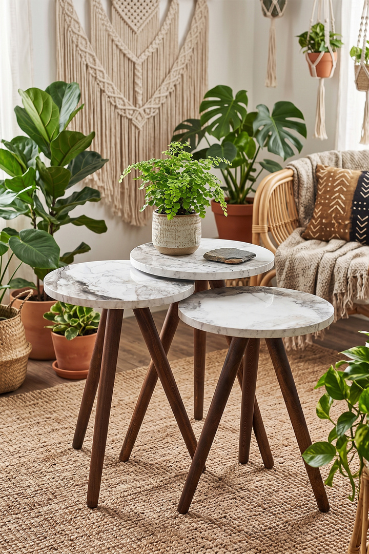 3-Piece Round Nesting Table Set Turned Wooden Legs - White Marble Effect 2
