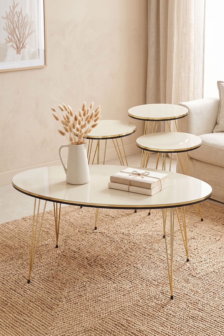 Round 4-Piece Table Set Gold Wire Legs - Cream 1