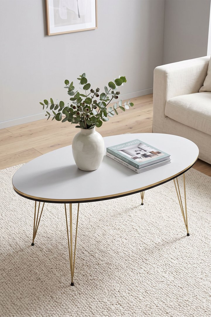 Oval Coffee Table Gold Wire Legs - White