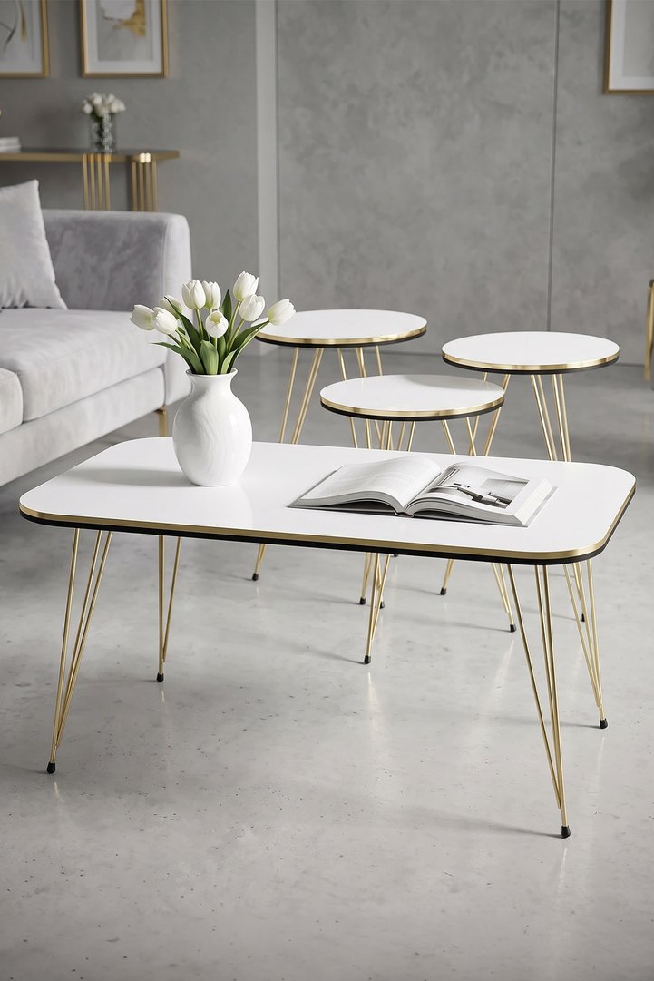 Round 4-Piece Table Set Gold Wire Legs - White