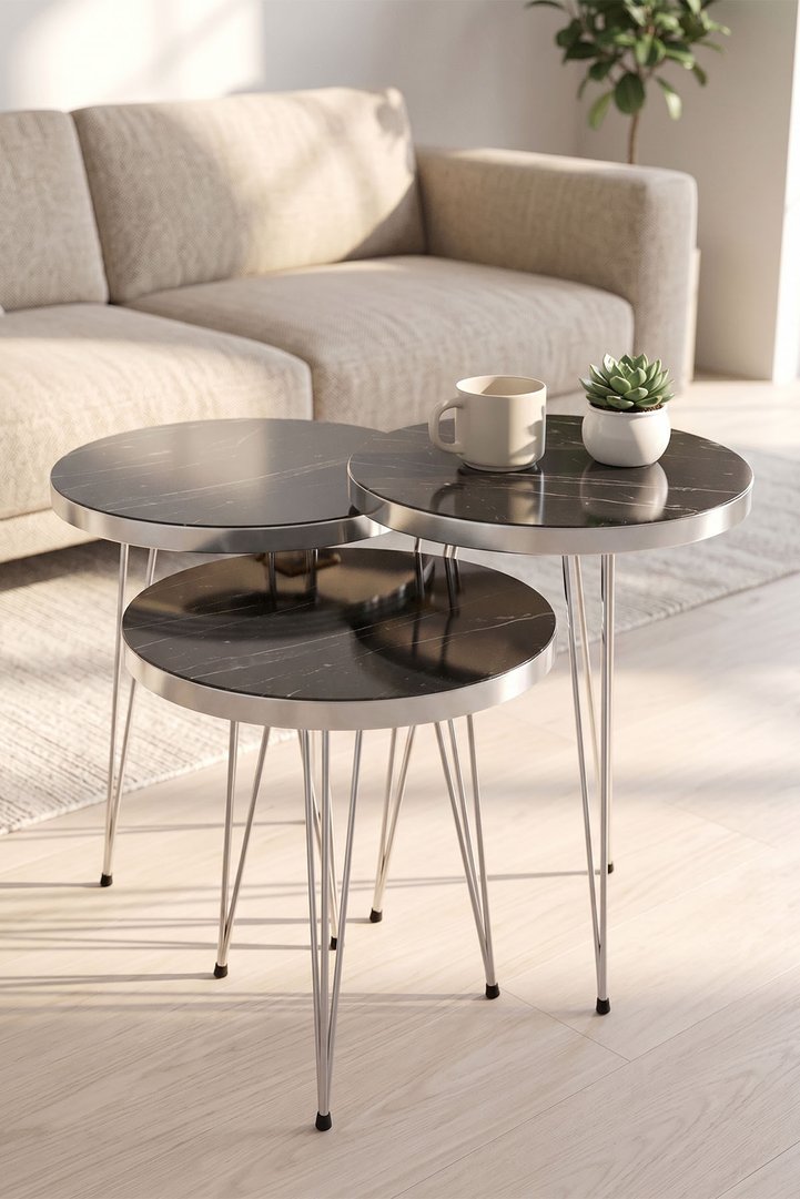 Silver Metal Wire Leg 3-Piece Nesting Table Set Melamine-faced chipboard Bendir Black