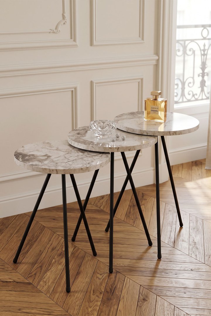 3-Piece Round Nesting Table Set Metal Legs - White Marble Effect