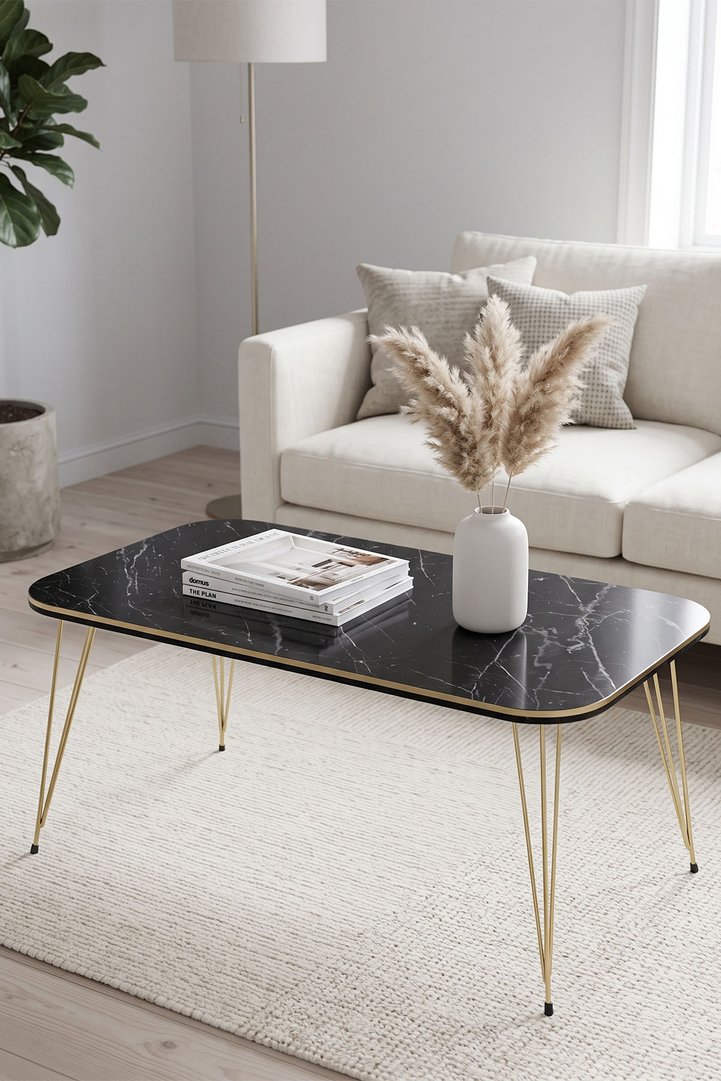 Rectangular Coffee Table Gold Wire Legs - Black Marble Effect