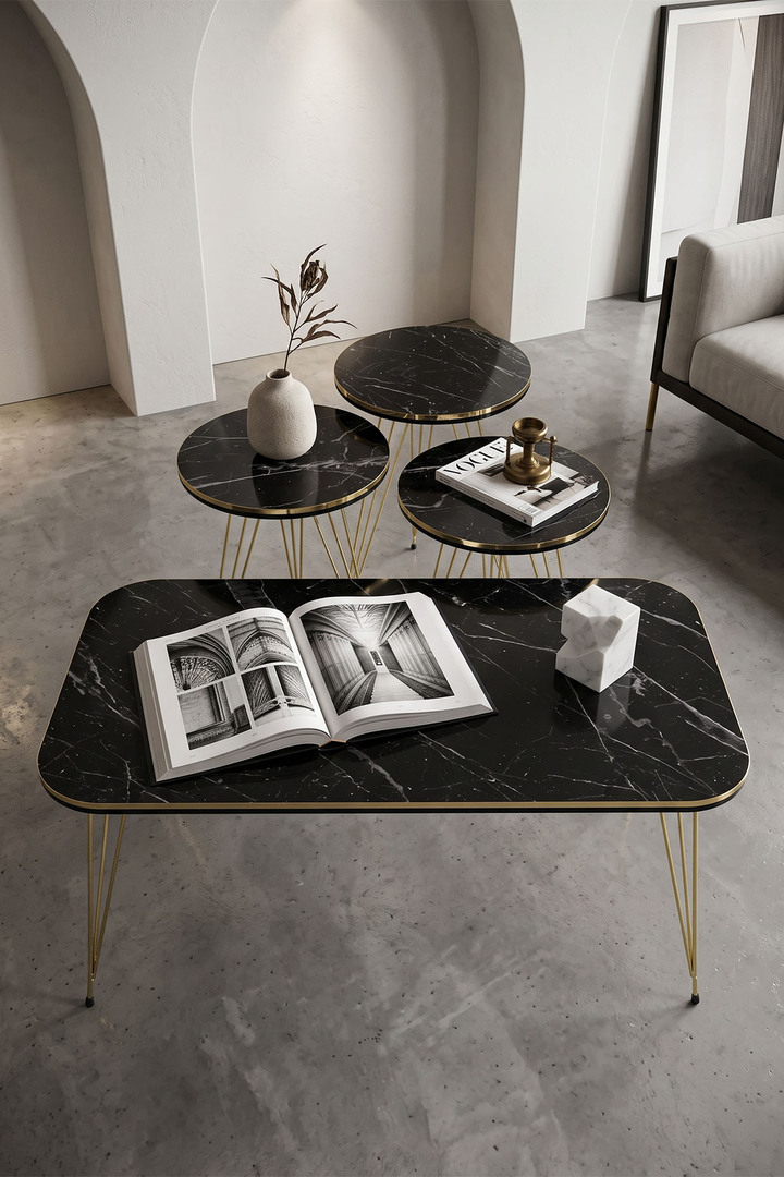 Round 4-Piece Table Set Gold Wire Legs - Black Marble Effect
