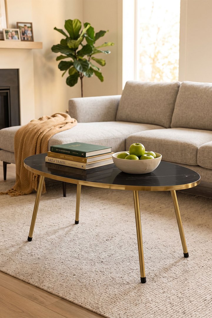 Oval Coffee Table Gold Metal Legs - Black Marble Effect