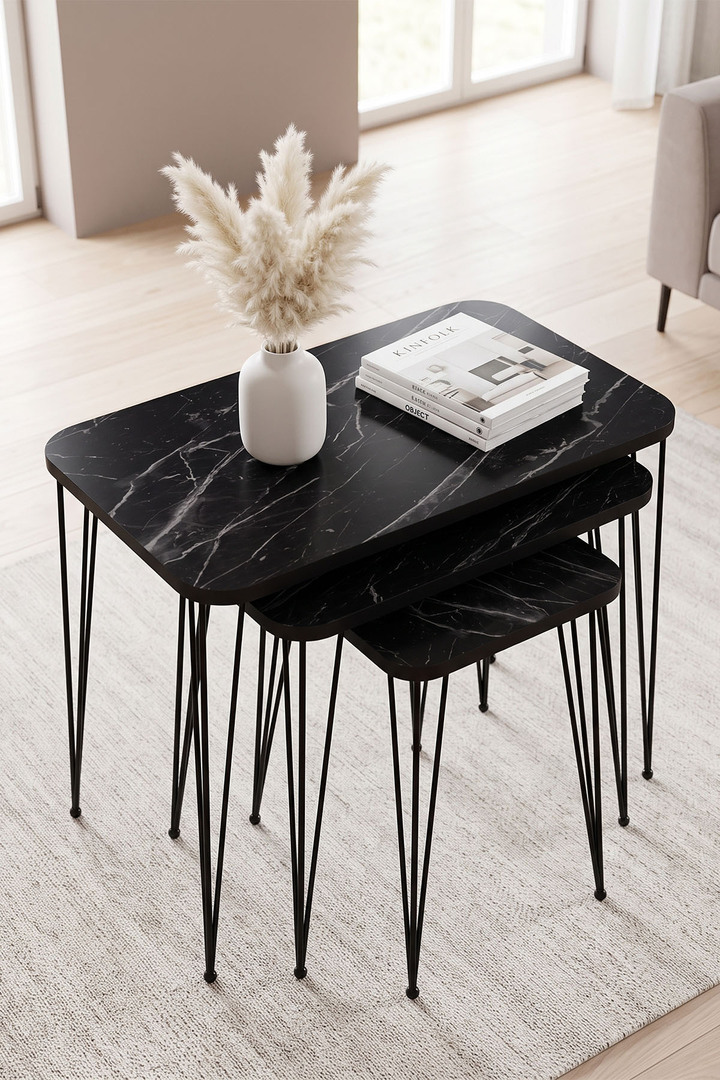 Rectangular Nesting Table Set Wire Legs - Black Marble Effect