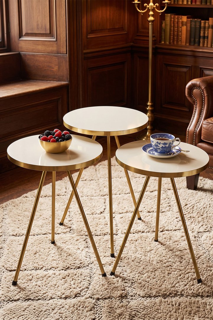 Round Nesting Table Set Gold Metal Legs - Cream