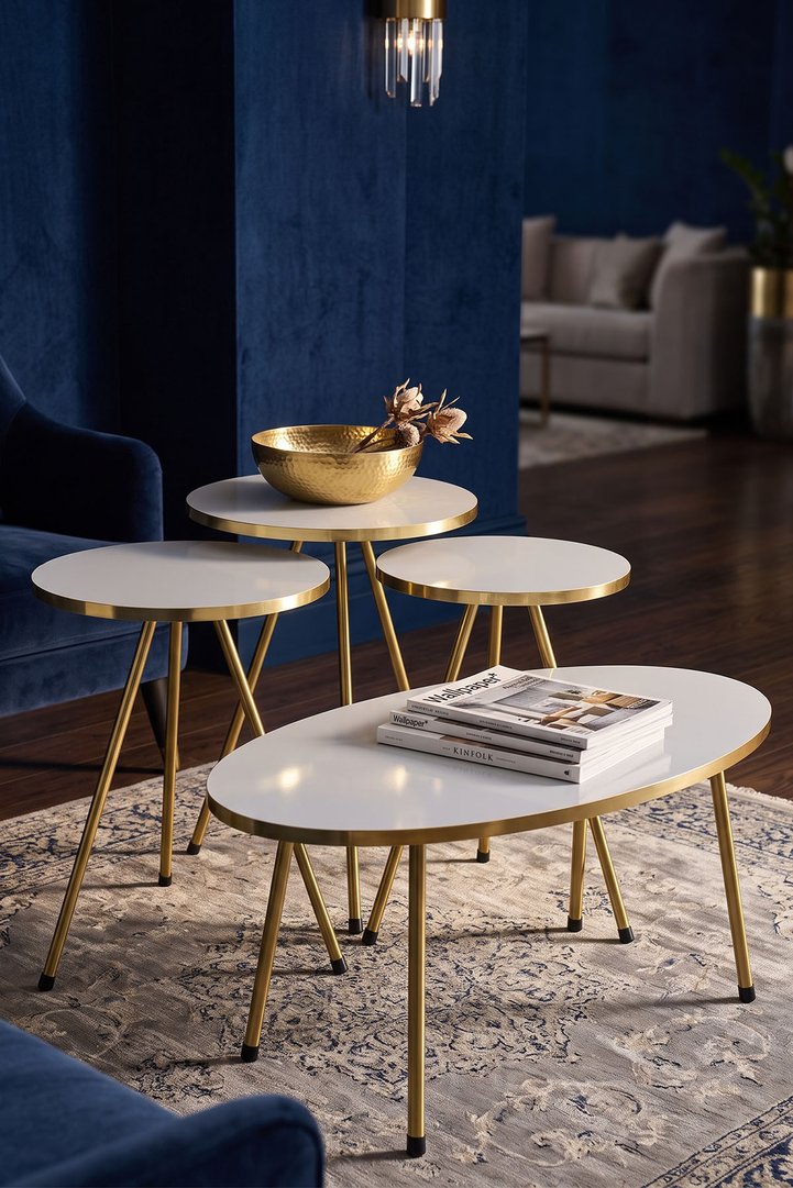 Oval Coffee & Nesting Table Set Gold Metal Legs - White