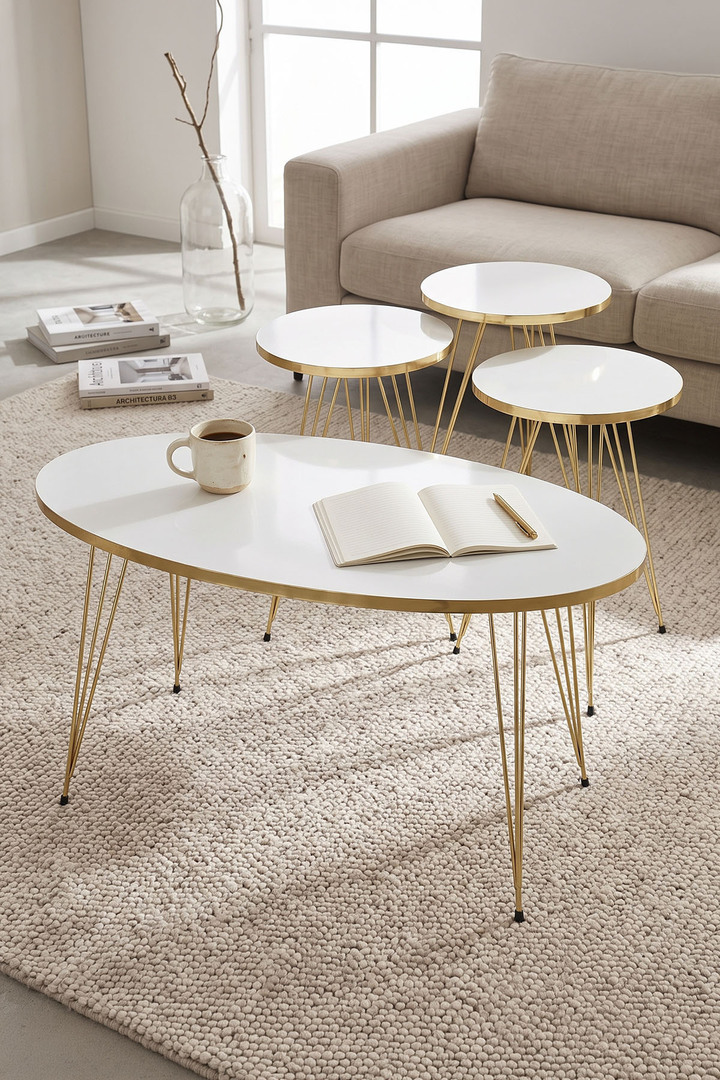 Nesting and Coffee Table White Elliptical Set Gold Wire-legged