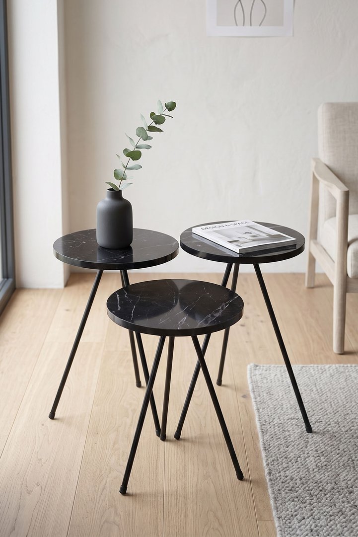 3-Piece Round Nesting Table Set Metal Legs - Black Marble Effect 2