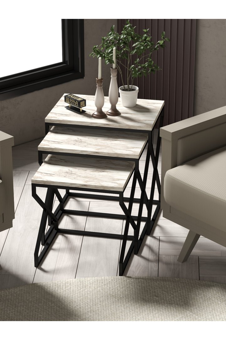 3-Piece Square Nesting Table Set V-Shaped Legs - Ecru