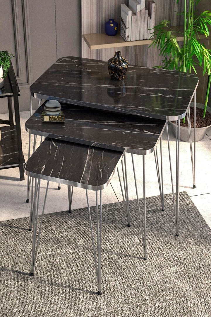 Square Nesting Table Set Gold Wire Legs - Black Marble Effect