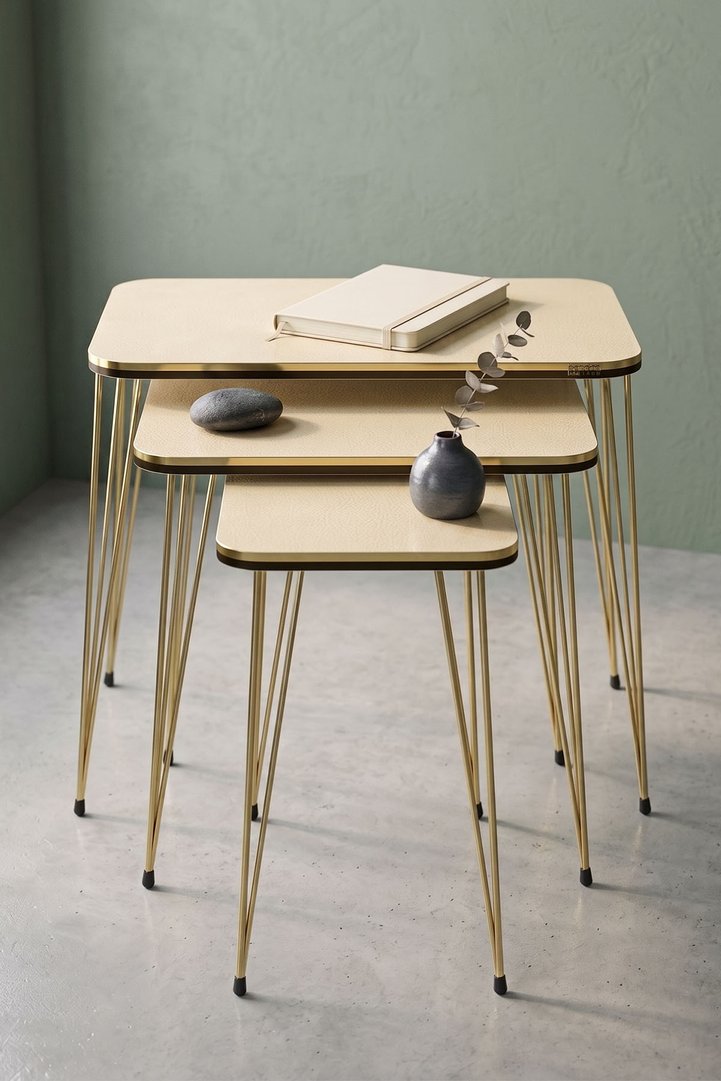 Rectangular Nesting Table Set Gold Wire Legs - Cream