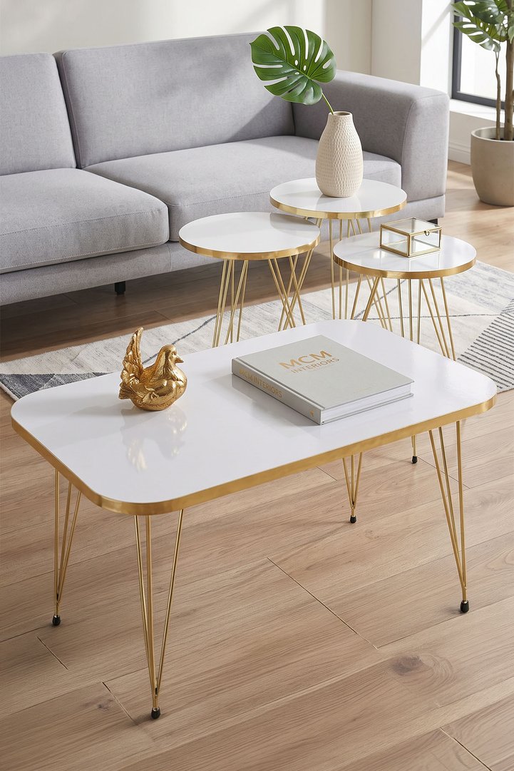 Round 4-Piece Table Set Gold Wire Legs - White