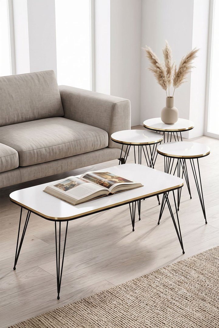 Black Wire Leg Rectangular 4-Piece Table Set - White