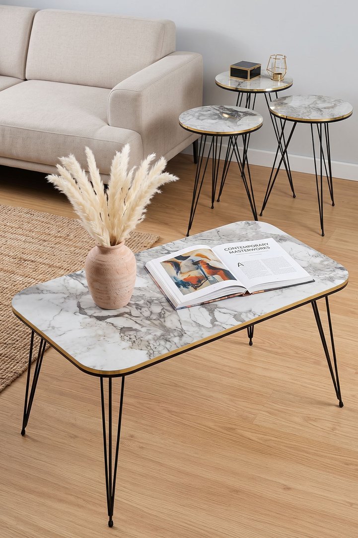 Black Wire Leg Rectangular 4-Piece Table Set - White Marble Effect
