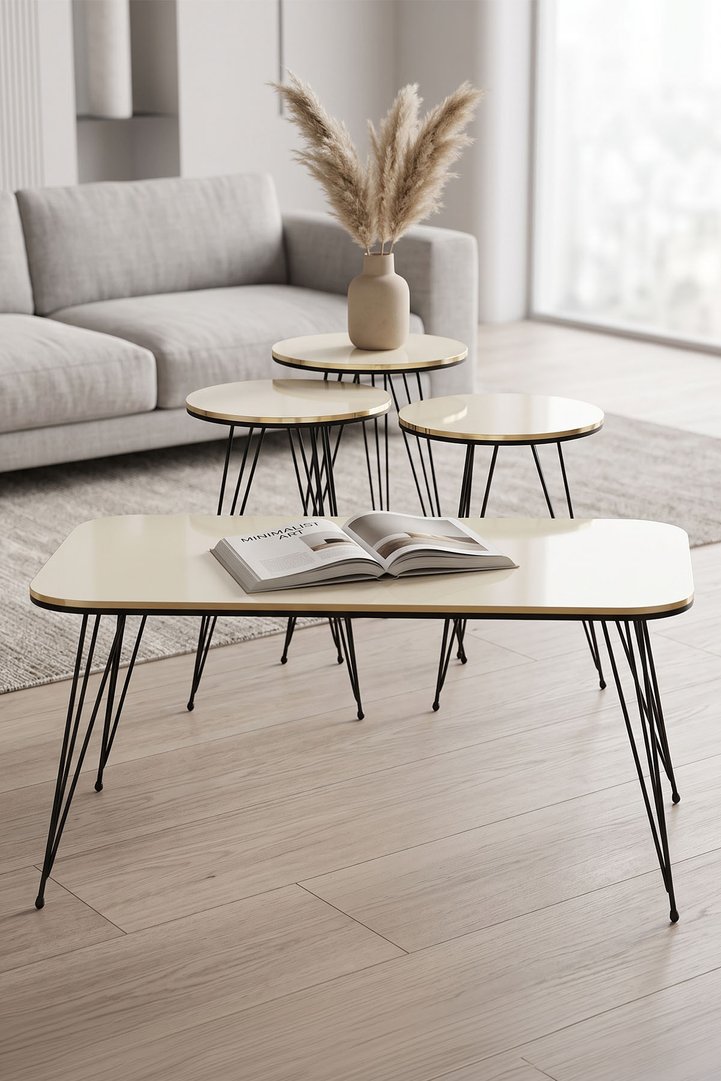 Black Wire Leg Rectangular 4-Piece Table Set - Cream