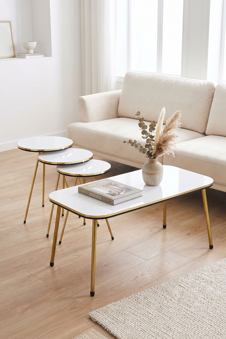 Rectangular Coffee & Nesting Table Set Gold Metal Legs - White Marble Effect