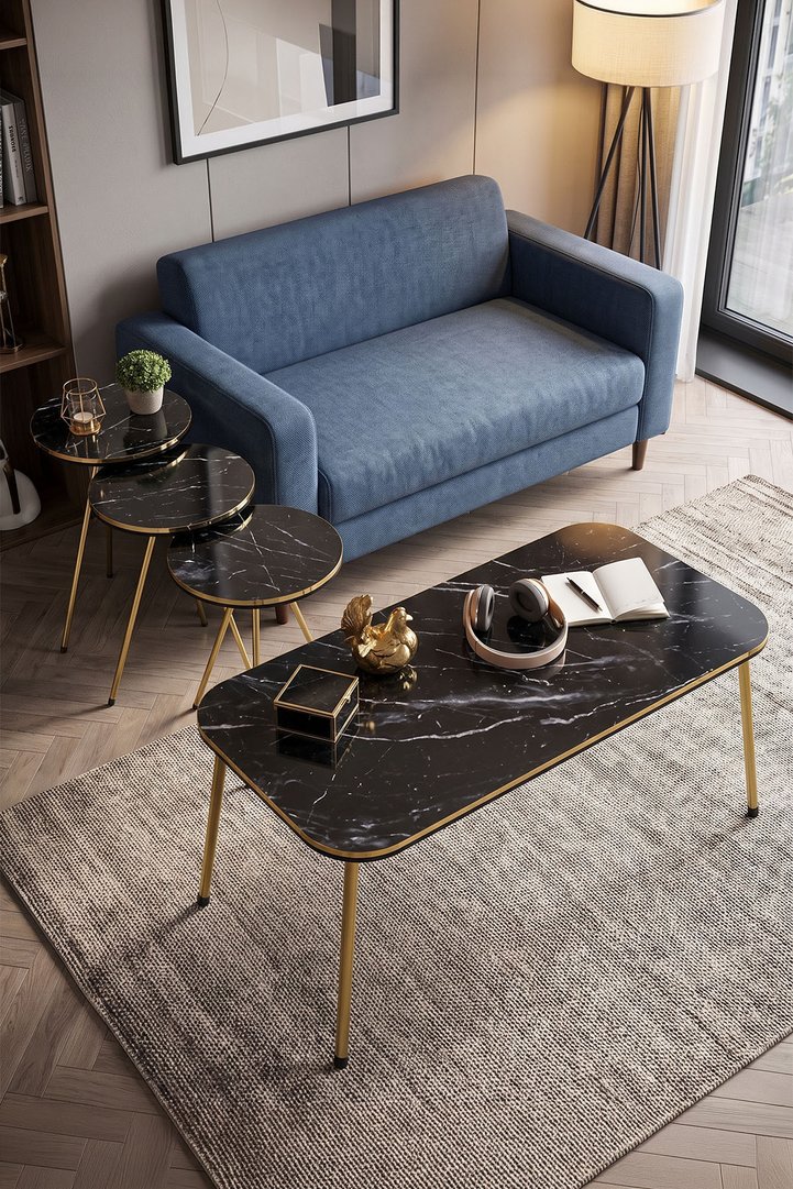 Round Coffee & Nesting Table Set Gold Metal Legs - Black Marble Effect
