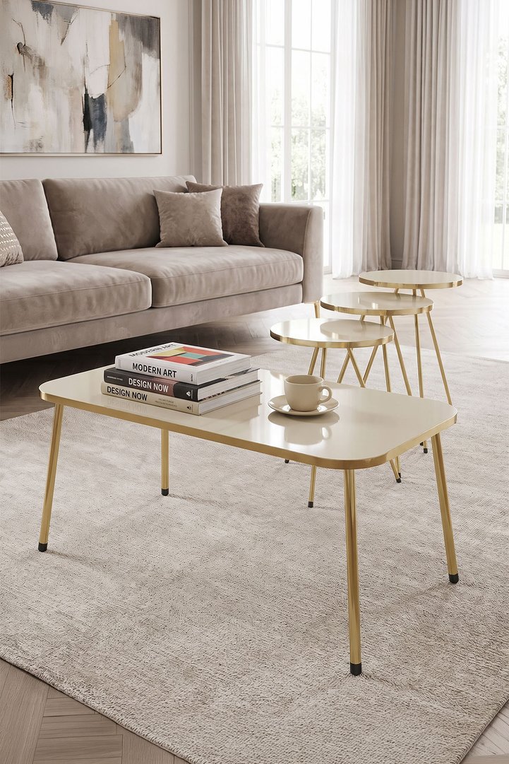 Rectangular Coffee & Nesting Table Set Gold Metal Legs - Cream