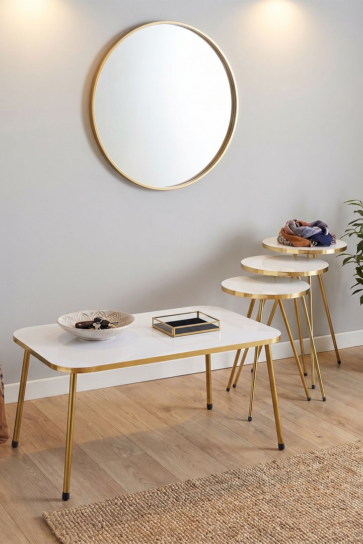 Rectangular Coffee & Nesting Table Set Gold Metal Legs - White