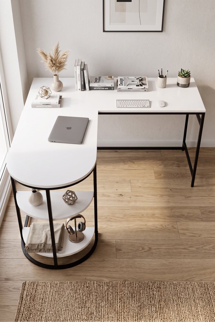 L-shaped Corner Desk 7044, Computer Desk, Office Desk, Gaming Desk, Multi-purpose Table with 2 Shelves, White