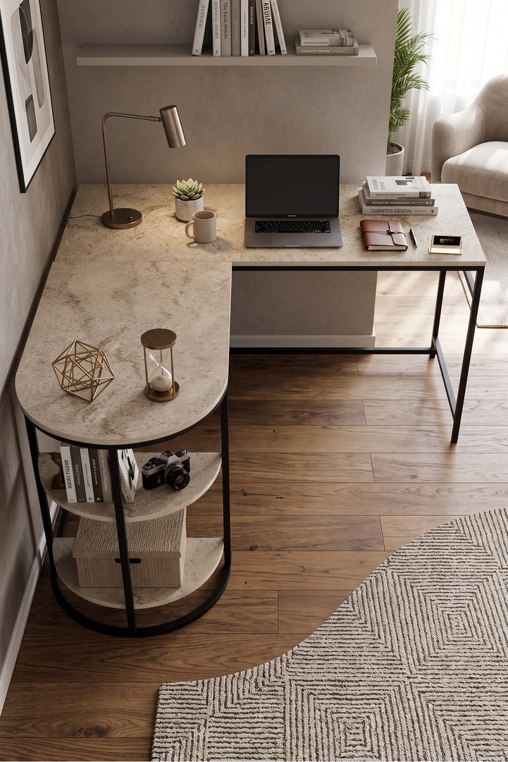 L-shaped Corner Desk 7043, Computer Desk, Office Desk, Gaming Desk, Multi-purpose Table with 2 Shelves, Travertine