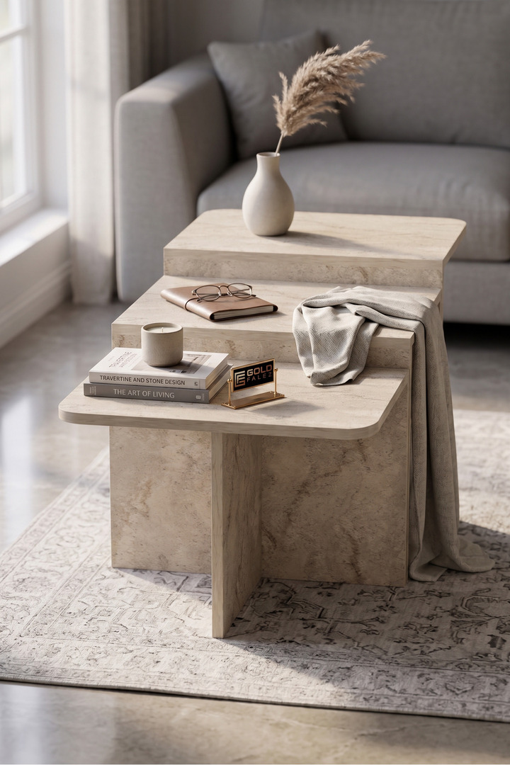 Liva 9258 Modern Square Coffee Table, Set of 3 Nesting Side Tables for Living Room, Travertine