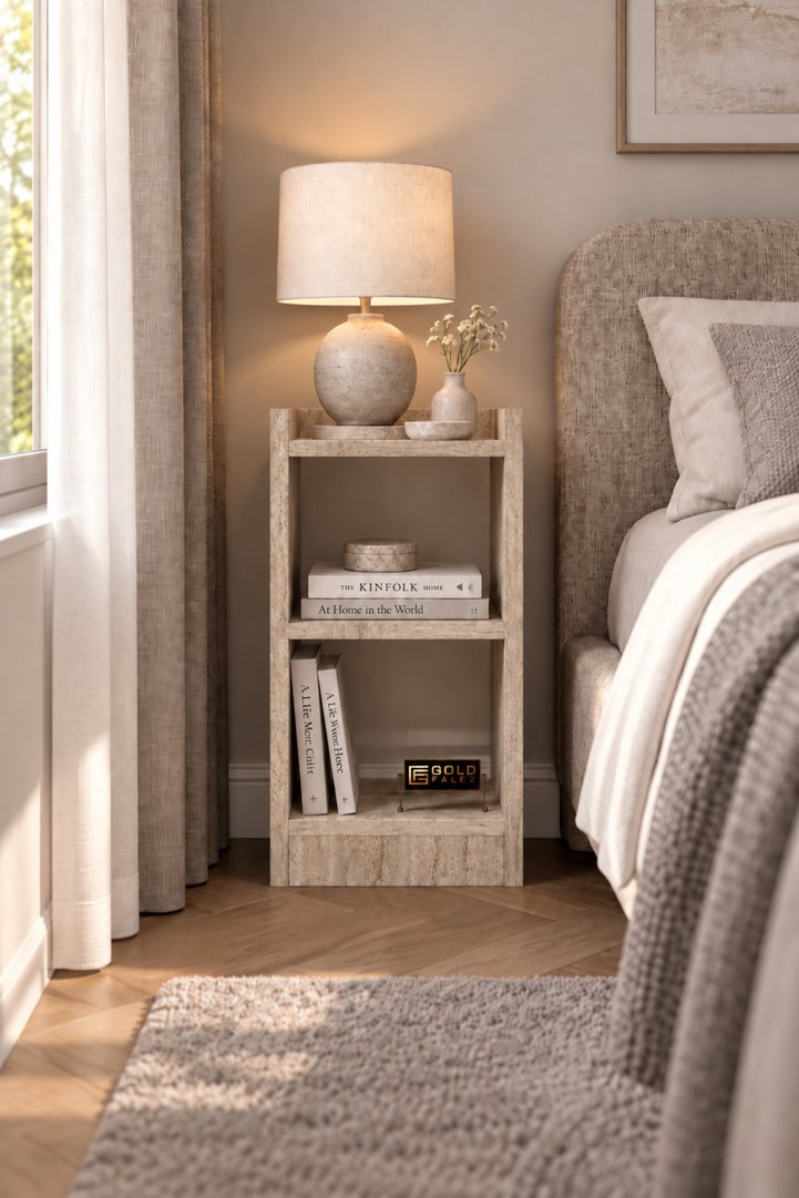 Duru 132 Decorative Nightstand, Bookshelf, Side Table, Organizer Shelf for Bedroom, Living Room, Study Room, Travertine