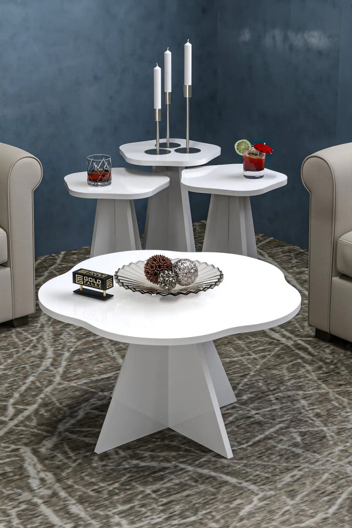 Flower Coffee Table and Nesting Table Set Melamine-faced Chipboard White