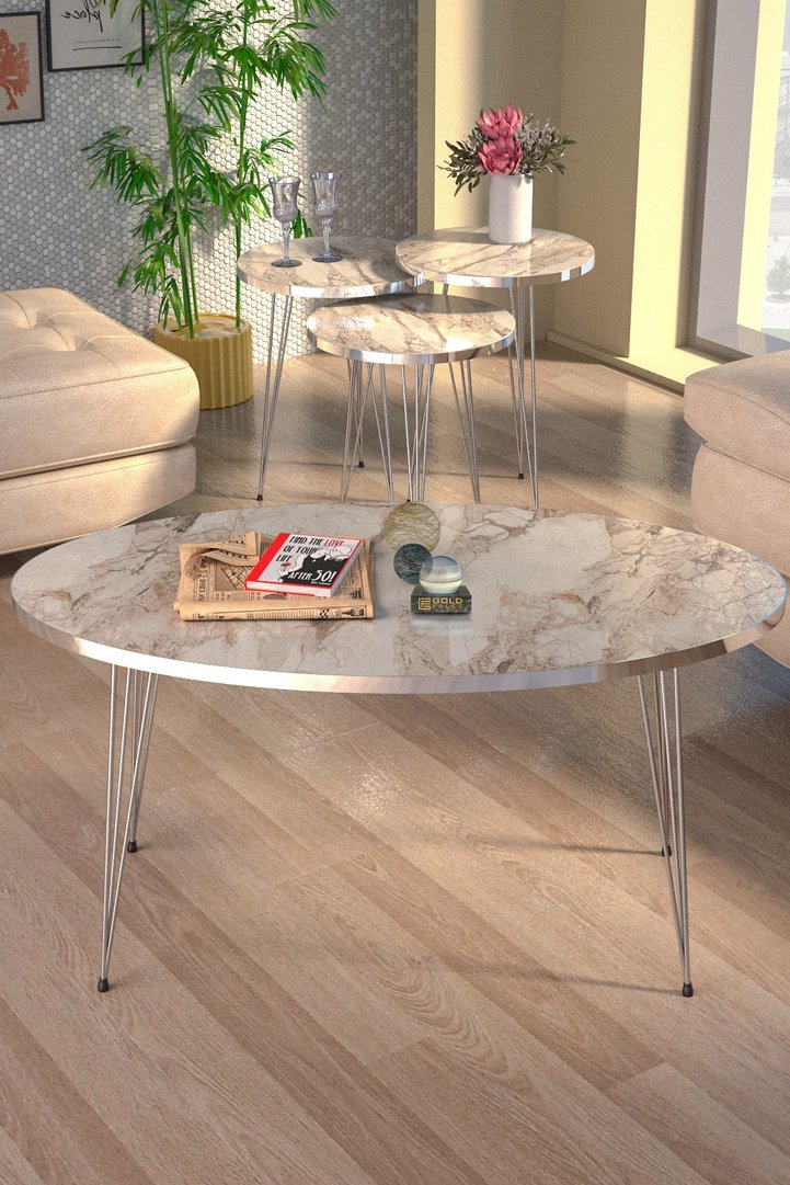 Oval 4-Piece Table Set Gold Wire Legs - White Marble Effect