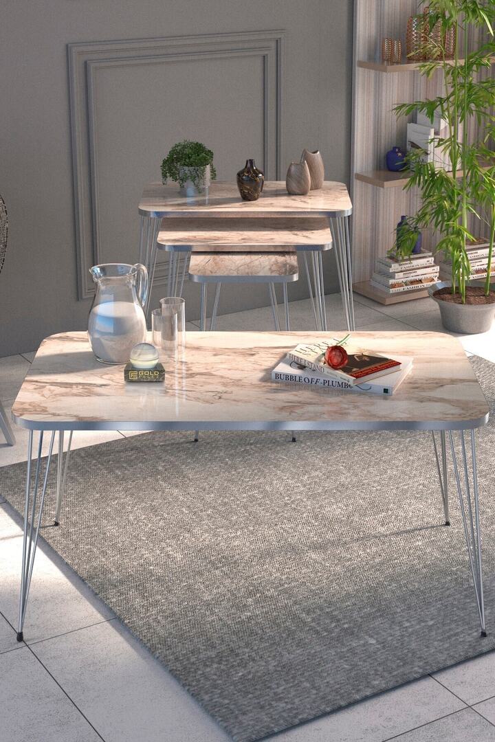 Rectangular 4-Piece Table Set Gold Wire Legs - White Marble Effect
