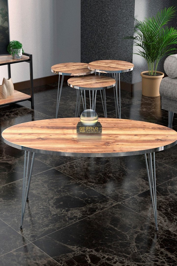 Oval 4-Piece Table Set Gold Wire Legs - Walnut