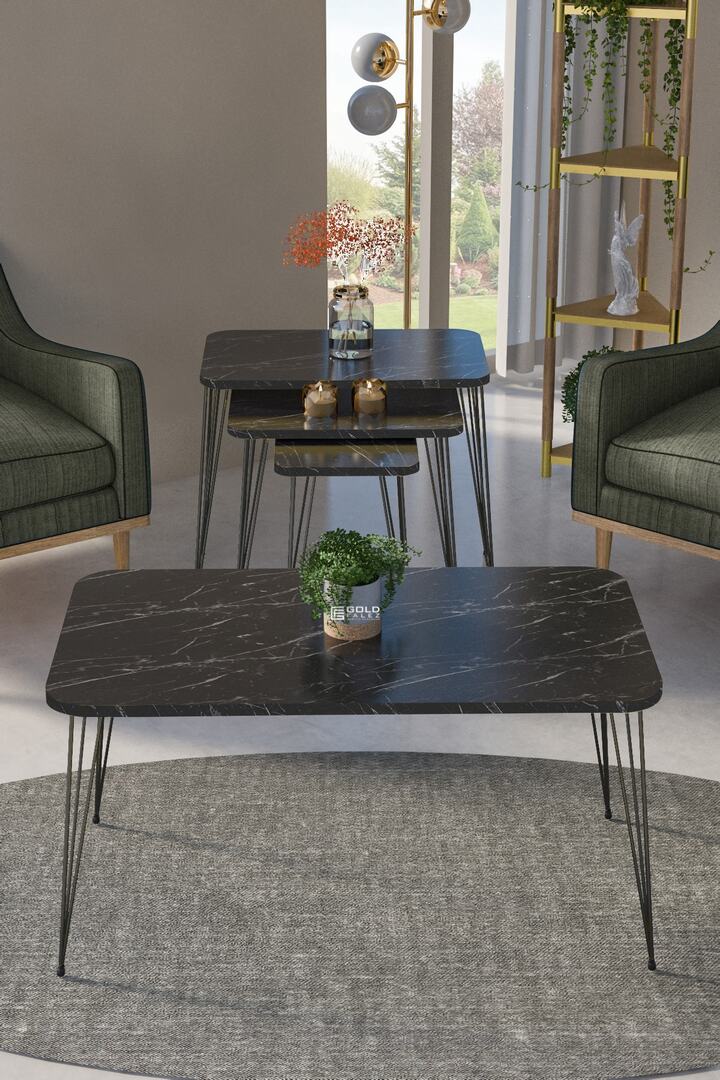 Black Wire Leg Square-Top 4-Piece Table Set - Black Marble Effect