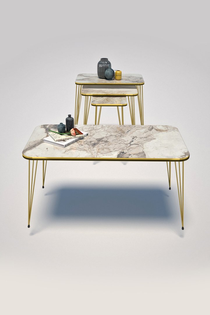 Square 4-Piece Table Set Gold Wire Legs - White Marble Effect