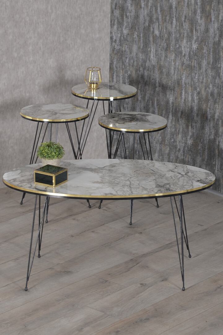 Black Wire Leg Oval 4-Piece Table Set - White Marble Effect