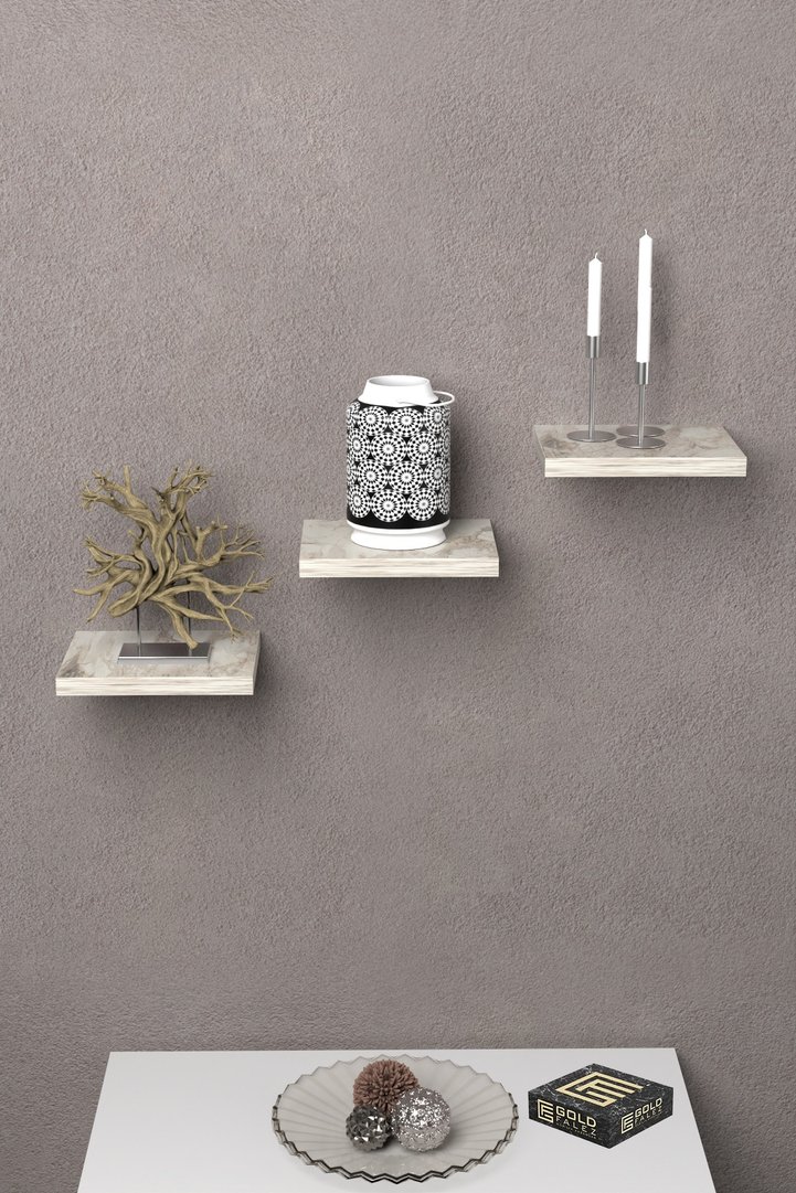 Ilkal 3-Piece Square Wall Shelf Bookcase - White Marble Effect