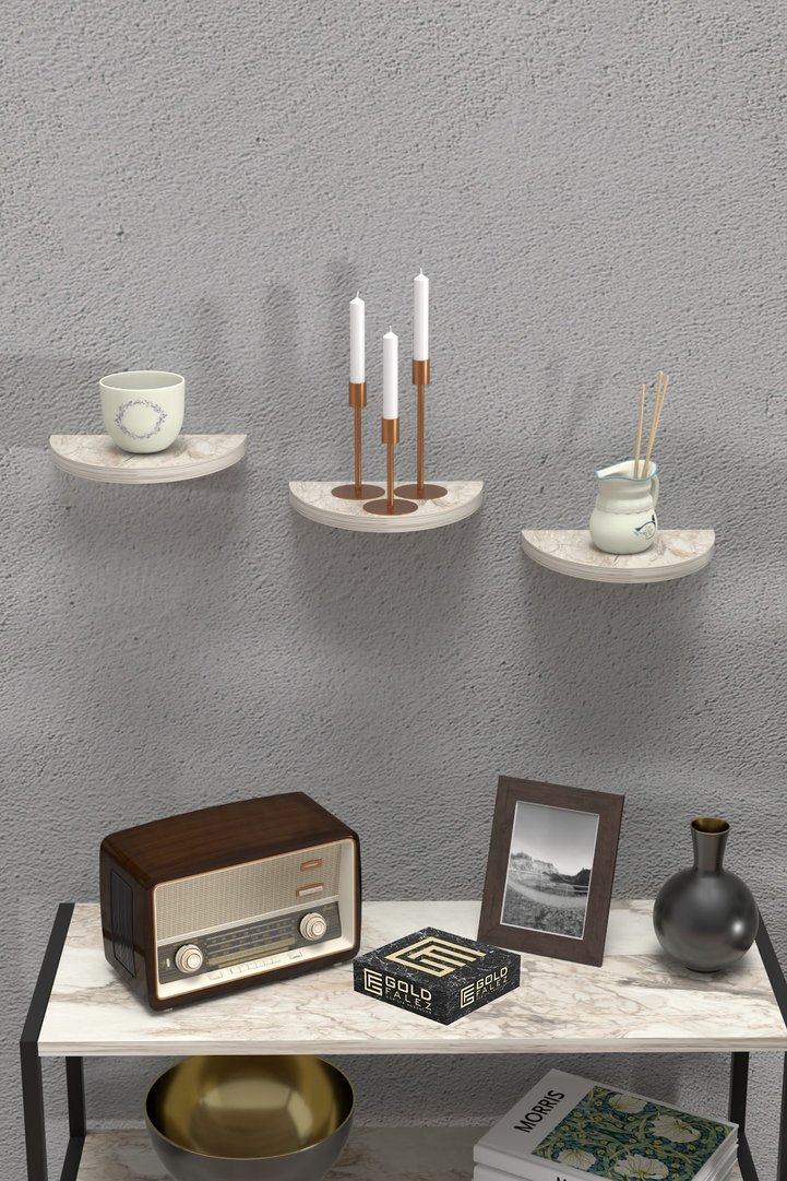Ilkal 3-Piece Oval Wall Shelf Bookcase - White Marble Effect