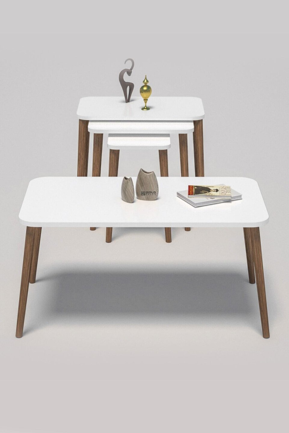 Table Set with Turned Hornbeam Legs – Set of 4 · White