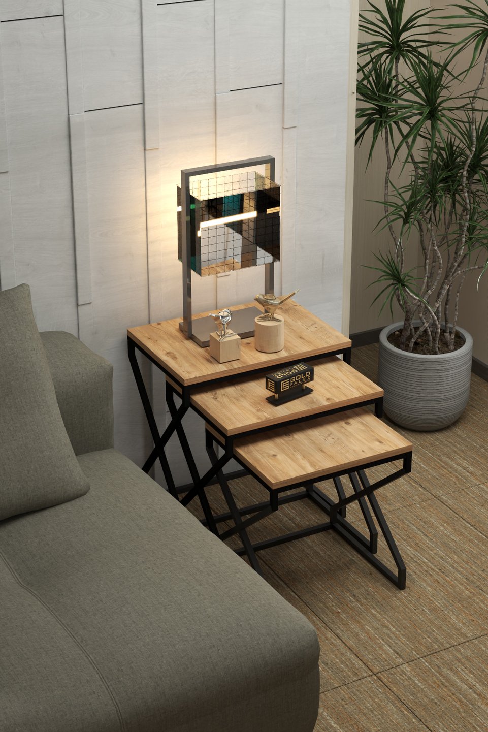 Nesttafels met V-poten – Set van 3 · Bruin