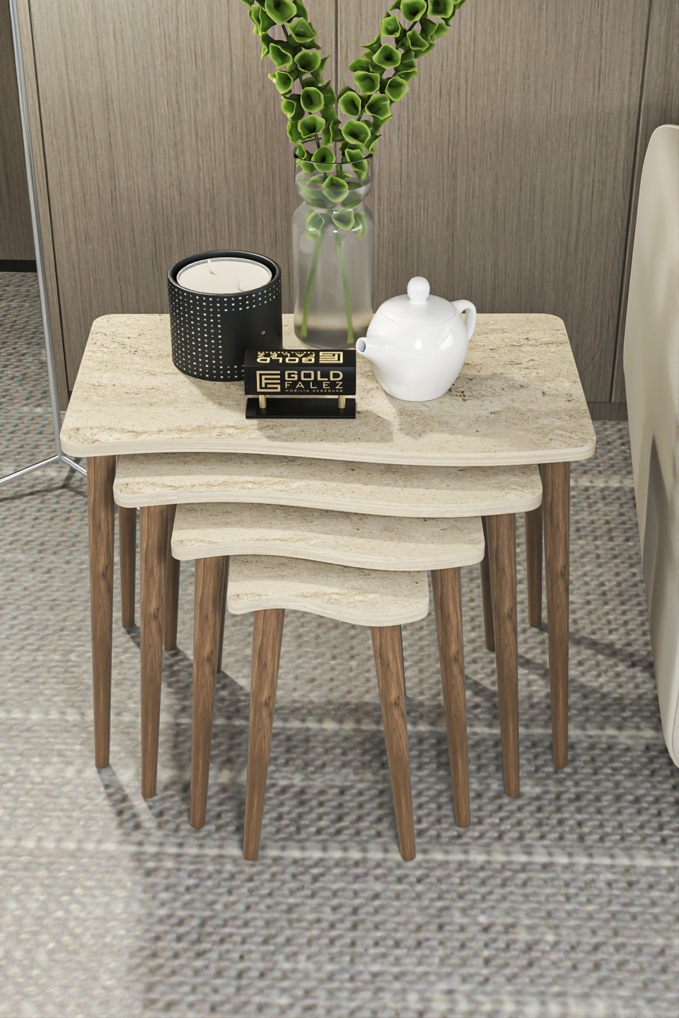 Set di tavolini a nido con gambe tornite – Set da 4 · Écru