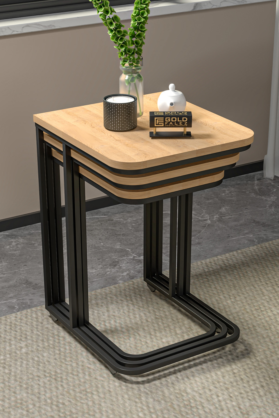 Karina Set di tavolini a nido a C – Set da 3 · Marrone rovere