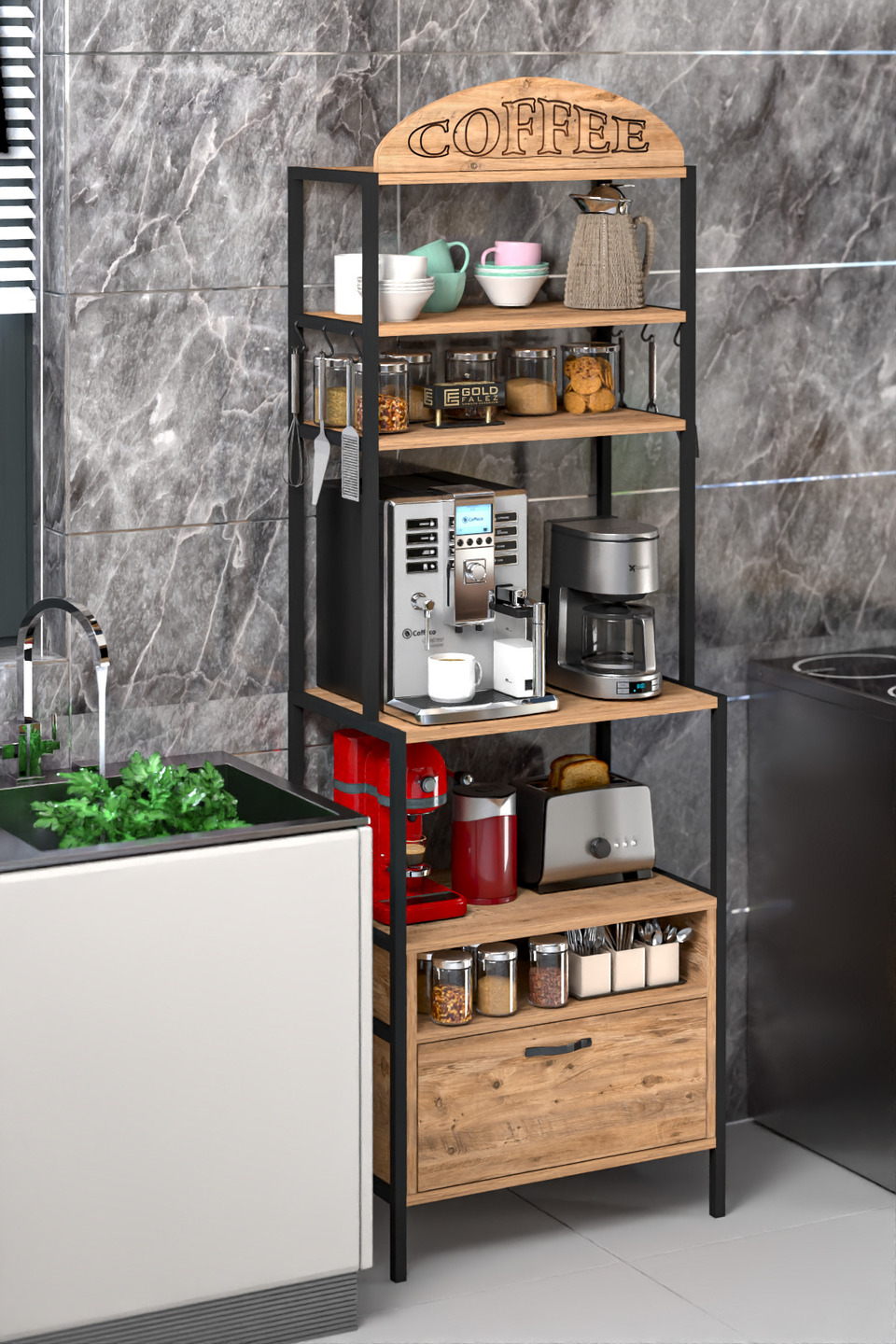 Étagère de cuisine coin café en métal – Marron