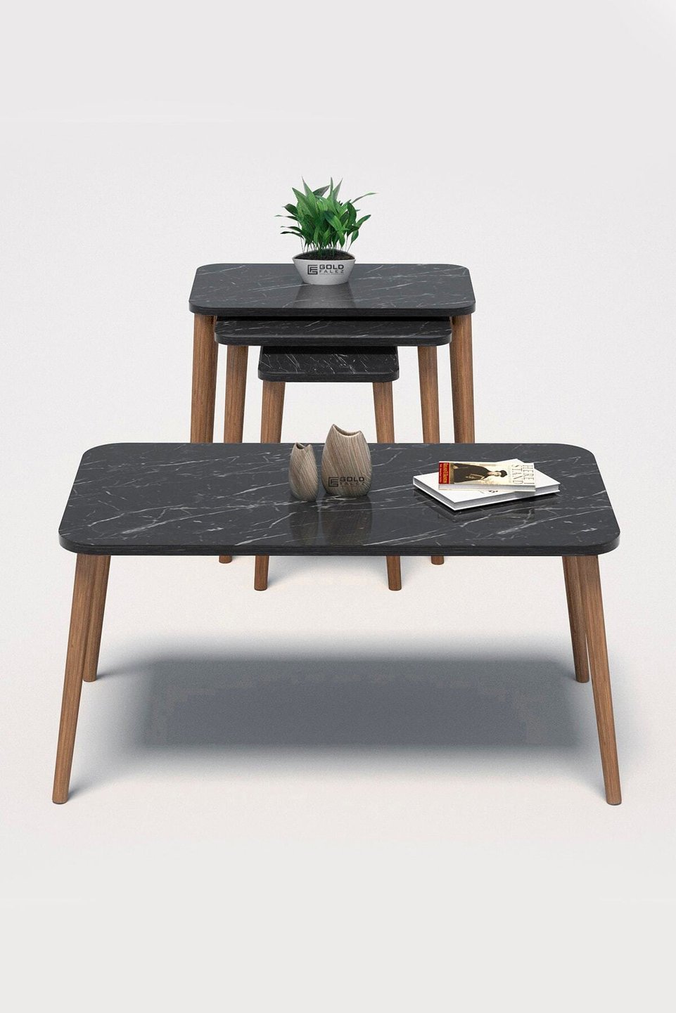 Juego de mesas con patas torneadas de carpe – Juego de 4 · Bendir negro